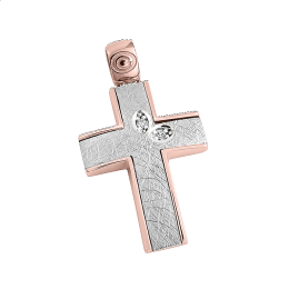 Σταυρός γυναικείος δίχρωμος με πέτρες ζιργκόν σε ροζ χρυσό Κ14